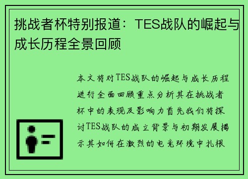 挑战者杯特别报道：TES战队的崛起与成长历程全景回顾